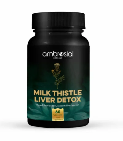 Introducing Ambrosial Milk Thistle Liver Detox, a powerful supplement specially formulated to support liver health and promote optimal digestion. Enriched with the potent combination of Milk Thistle, Dandelion Root Extract, and 9 other Ayurvedic Herbs Extract, Ambrosial Milk Thistle Capsules are designed to detoxify your liver, enhance metabolism, and provide numerous health benefits. With 60 vegan capsules, this product is a convenient and effective addition to your wellness routine. Detoxify Liver Naturally: Our Ambrosial milk thistle supplements, fortified with dandelion root extract and 9 other Ayurvedic herbs, work naturally to remove damaging free radicals, detox impurities, and flush out toxins, supporting the overall health of your liver. Enhance Metabolism: Milk Thistle and the synergistic blend of herbs in our complex assist in weight management by increasing metabolic activity, allowing your body to efficiently break down fat and use it as energy. This can minimize fat storage and help you maintain a healthy weight. Promote Cardiovascular Health: Milk Thistle, combined with dandelion root extract and other Ayurvedic herbs, helps lower serum triglycerides and cholesterol levels, contributing to better heart health. It also supports optimal blood circulation, promoting a healthier cardiovascular system. Manage Blood Sugar Support: Our Milk Thistle Liver Detox, with its unique herbal blend, aids in managing blood sugar levels, enhancing insulin sensitivity, and promoting better blood sugar control. Support Gut Health: In addition to maintaining liver function, the dandelion root extract and Ayurvedic herbs in our complex support healthy digestion. They can help alleviate gastrointestinal discomfort, such as bloating, constipation, and heartburn, while promoting good gut health. Ease Hangovers: Ambrosial Milk Thistle Supplement can also be your ally in overcoming hangovers. Its liver-detoxifying properties can help reduce the impact of alcohol on your system and support the recovery process, helping you feel better after a night of indulgence. Experience the benefits of Ambrosial Milk Thistle Liver Detox Supplement and take a proactive approach to support your liver health and overall well-being. Embrace a healthier lifestyle with our high-strength supplement made from natural ingredients.
